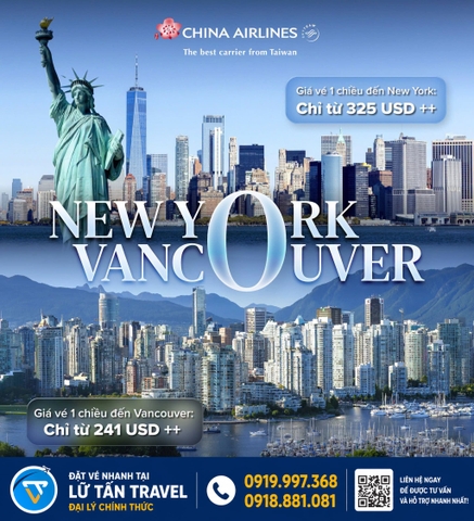 China Airlines: vé New York và Vancouver giá ưu đãi