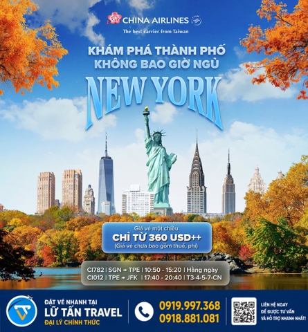 China Airlines vé TP.HCM – New York từ 360 USD