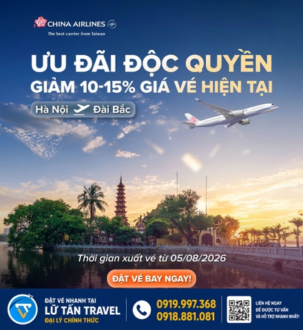 China Airlines giảm 15% vé Hà Nội - Đài Bắc 2026