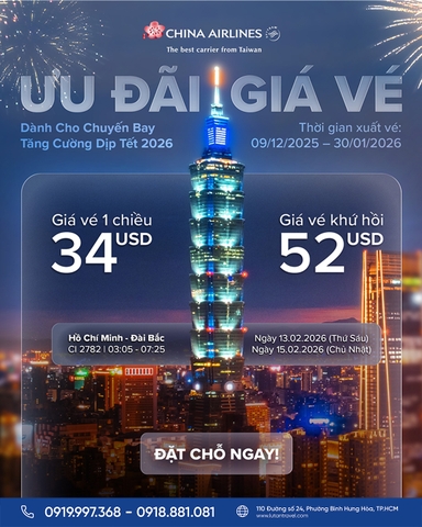 China Airlines 2026: Săn vé Tết bay Đài Loan chỉ từ 34 USD
