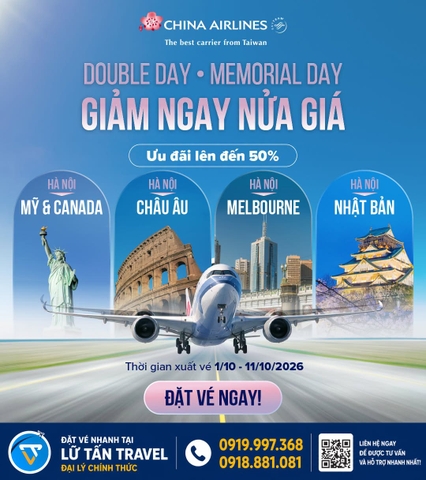 China Airlines Double Day tháng 10: giảm đến 50%