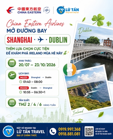 China Eastern mở đường bay Shanghai Dublin 2026