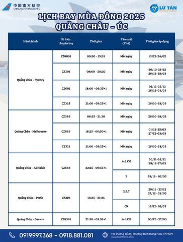 China Southern 2026: Lịch bay mùa đông Việt Nam – Úc qua Quảng Châu