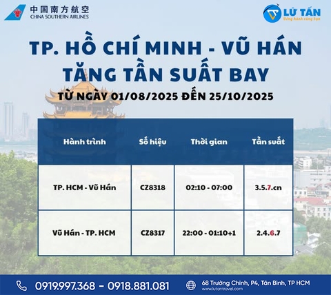 China Southern Airlines 2025: Tăng tần suất bay TP.HCM – Vũ Hán