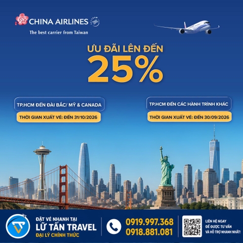 China Airlines giảm đến 25% từ TP.HCM