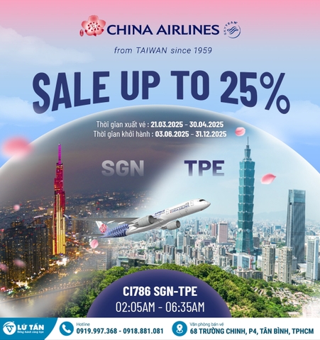 GIẢM GIÁ ĐẾN 25% – BAY ĐÊM CỰC ƯU ĐÃI CÙNG CHINA AIRLINES!