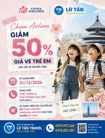 China Airlines ưu đãi vé trẻ em đi Đài Loan 2026