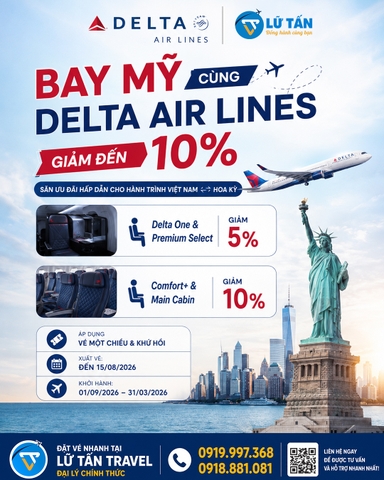 Delta Air Lines ưu đãi vé đi Mỹ đến 10% 2026