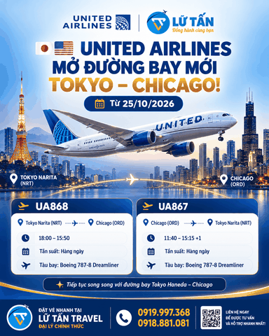 United Airlines mở chặng Tokyo Narita - Chicago từ 25/10