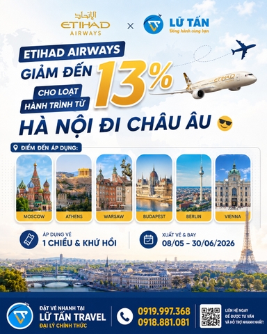 Etihad Airways khuyến mãi vé đi Châu Âu 2026