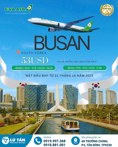 Bay TP.HCM đi Busan 2025 cùng EVA Air giá chỉ từ 53 USD
