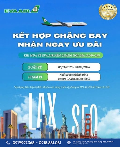 EVA Air 2026: Ưu đãi kết hợp chặng bay nội địa (Add-on) đi Mỹ