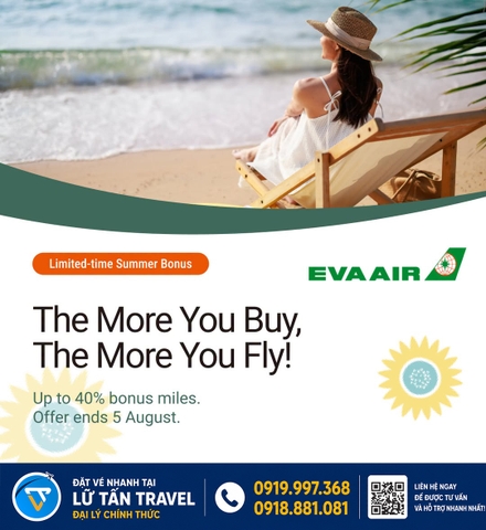 EVA Air ưu đãi thêm đến 40% dặm thưởng 2026