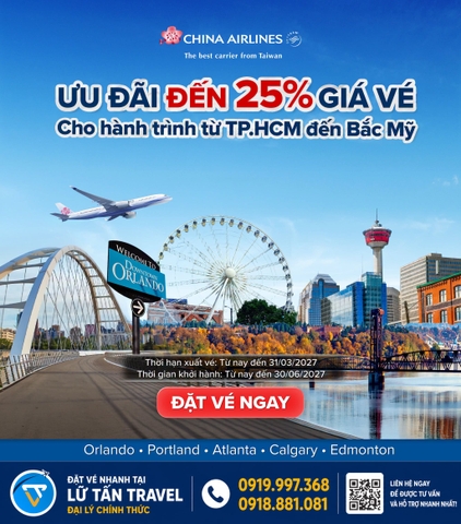 China Airlines ưu đãi đến 25% vé TP.HCM đi Bắc Mỹ