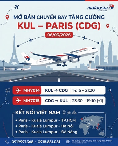 Malaysia Airlines Tăng Cường Chuyến Bay Paris – Kuala Lumpur 2026