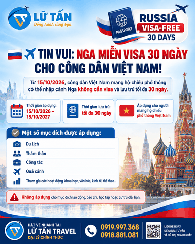 Nga miễn visa 30 ngày cho công dân Việt Nam từ 15/10