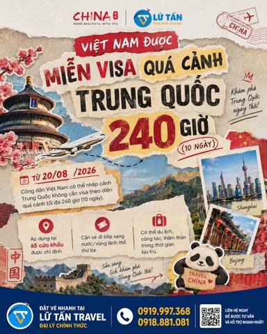 Miễn visa quá cảnh Trung Quốc 240 giờ 2026