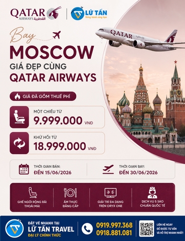 Qatar Airways ưu đãi vé đi Moscow 2026