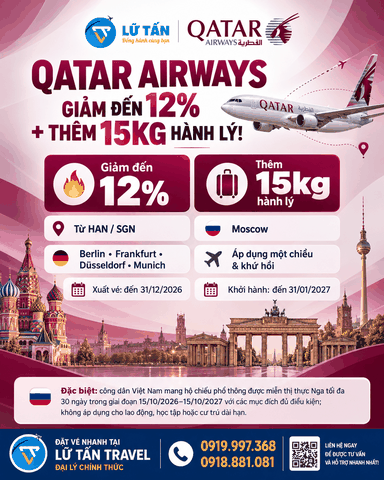 Qatar Airways đi Nga, Đức: ưu đãi đến 12% và thêm 15kg