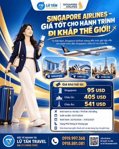 Singapore Airlines vé khứ hồi từ 95 USD tháng 10/2026