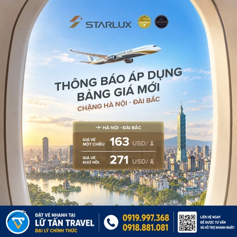 STARLUX Hà Nội – Đài Bắc: vé một chiều từ 163 USD