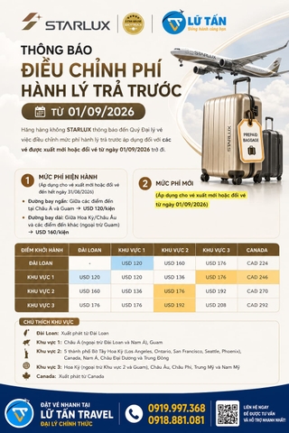 STARLUX cập nhật phí hành lý trả trước 2026