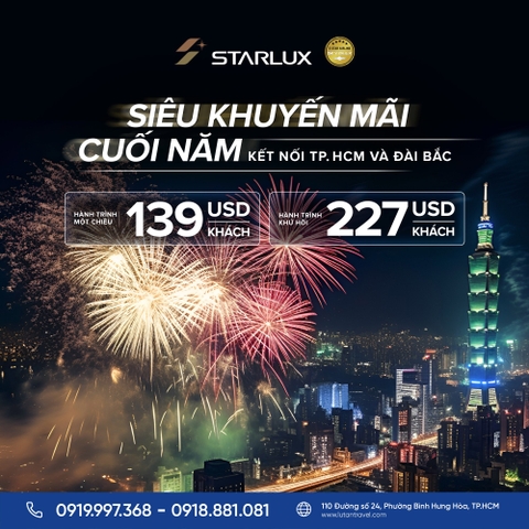STARLUX Airlines 2026: SIÊU SALE cuối năm, vé TP.HCM – Đài Bắc từ 139 USD