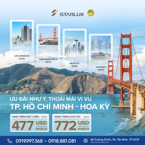 STARLUX 2026: Vé TP.HCM – Mỹ chỉ từ 474 USD, săn ngay!
