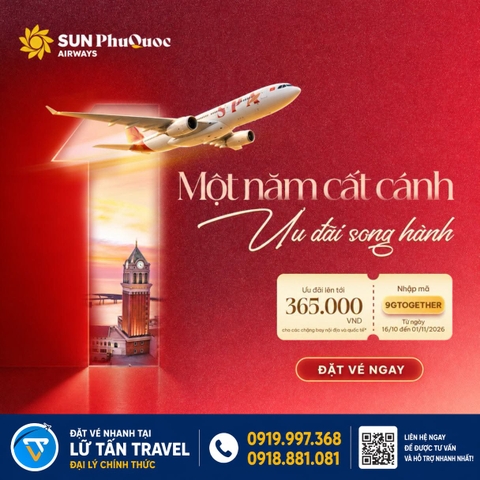 Sun PhuQuoc Airways: mã 9GTOGETHER ưu đãi đến 365.000đ