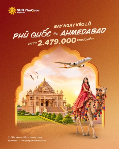 Sun PhuQuoc: vé Phú Quốc – Ahmedabad từ 2.479.000đ