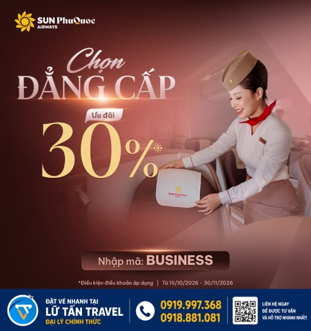 Sun PhuQuoc Airways giảm 30% vé Business với mã BUSINESS