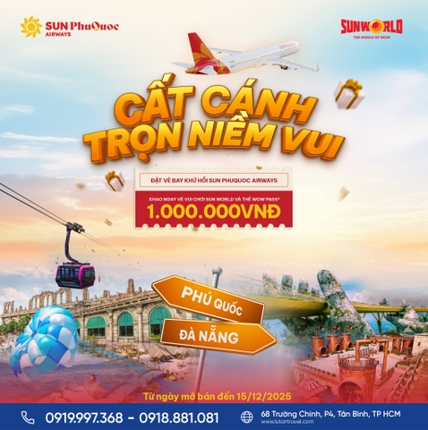 Sun Phuquoc Airways 2026: Tặng Combo vé vui chơi Sun World 1 triệu VNĐ