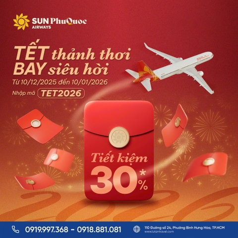 Sun Phuquoc Airways 2026: Săn vé Tết sum vầy, Giảm đến 30% với mã TET2026