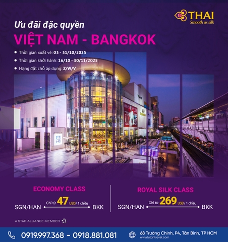 Thai Airways 2025: Bay Việt Nam – Bangkok chỉ từ 47 USD/chiều