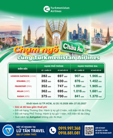 Turkmenistan Airlines vé châu Âu từ 282 USD