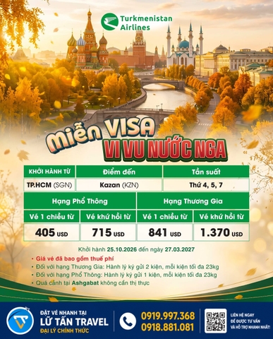 Turkmenistan Airlines: vé TP.HCM đi Nga từ 405 USD