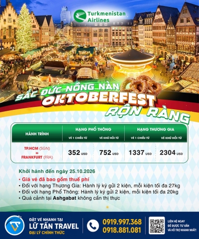 Turkmenistan Airlines vé Frankfurt từ 352 USD 2026