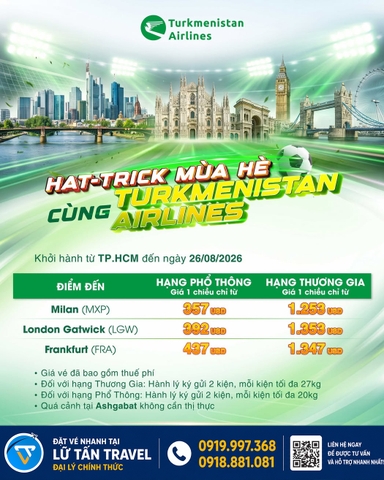 Turkmenistan Airlines vé châu Âu từ 357 USD 2026