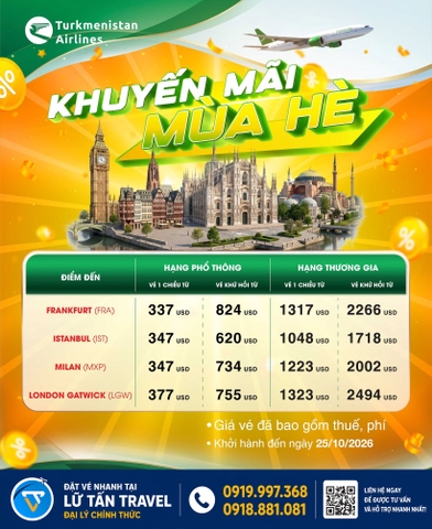 Turkmenistan Airlines ưu đãi vé Châu Âu mới nhất 2026