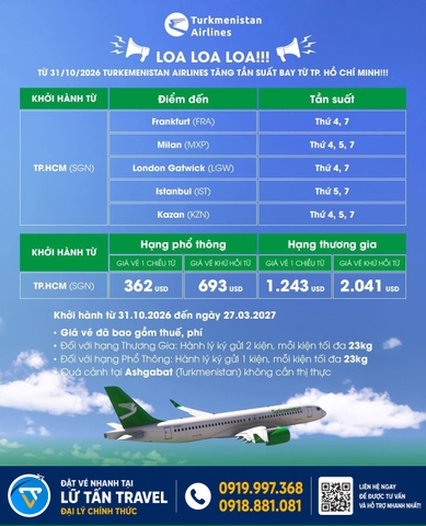 Turkmenistan Airlines tăng chuyến từ TP.HCM 2026