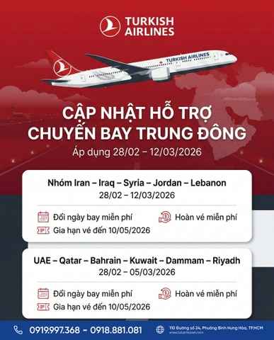 Turkish Airlines Hỗ Trợ Vé Bay Trung Đông Mới Nhất 2026
