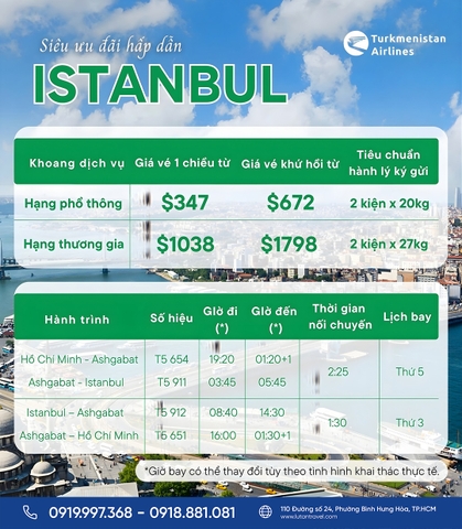 Vé Máy Bay Ưu Đãi Hành Trình TP. Hồ Chí Minh - Istanbul Turkmenistan Airlines