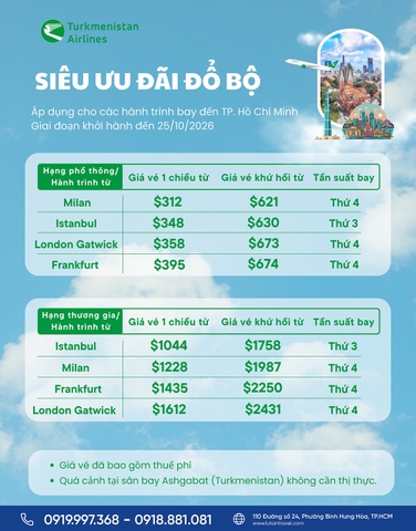 Vé Máy Bay Châu Âu Về TP.HCM Turkmenistan Airlines 2026