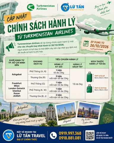 Turkmenistan Airlines đổi chính sách hành lý 2026