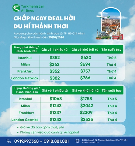 Vé Máy Bay Đi Châu Âu Turkmenistan Airlines 2026: Chỉ Từ 352 USD