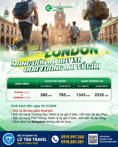 Turkmenistan Airlines vé TP.HCM - London từ 382 USD