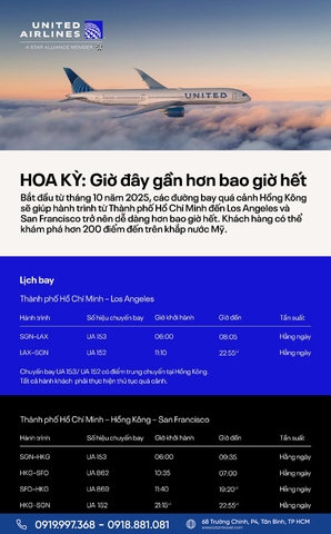United Airlines 2025: Mở đường bay TP.HCM - Mỹ, quá cảnh Hồng Kông