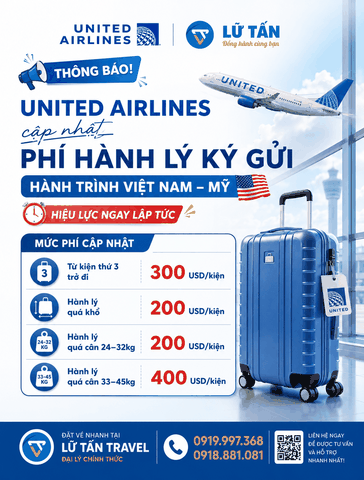 United Airlines cập nhật phí hành lý đi Mỹ 2026