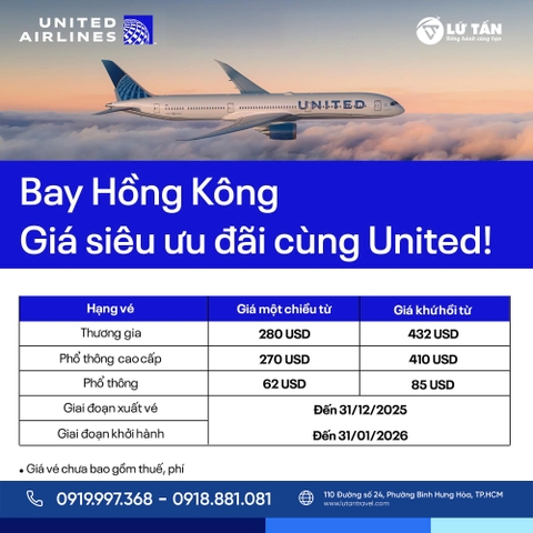 United Airlines 2026: Vé TP.HCM – Hong Kong chỉ từ 62 USD