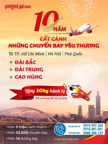 Tặng 20kg Hành Lý Bay Đài Loan Cùng Vietjet Air